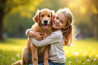 Jeune fille heureuse embrassant un chiot golden retriever dans un parc ensoleille