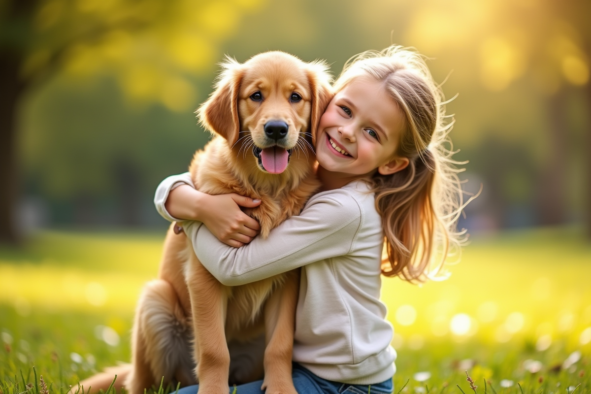 Jeune fille heureuse embrassant un chiot golden retriever dans un parc ensoleille