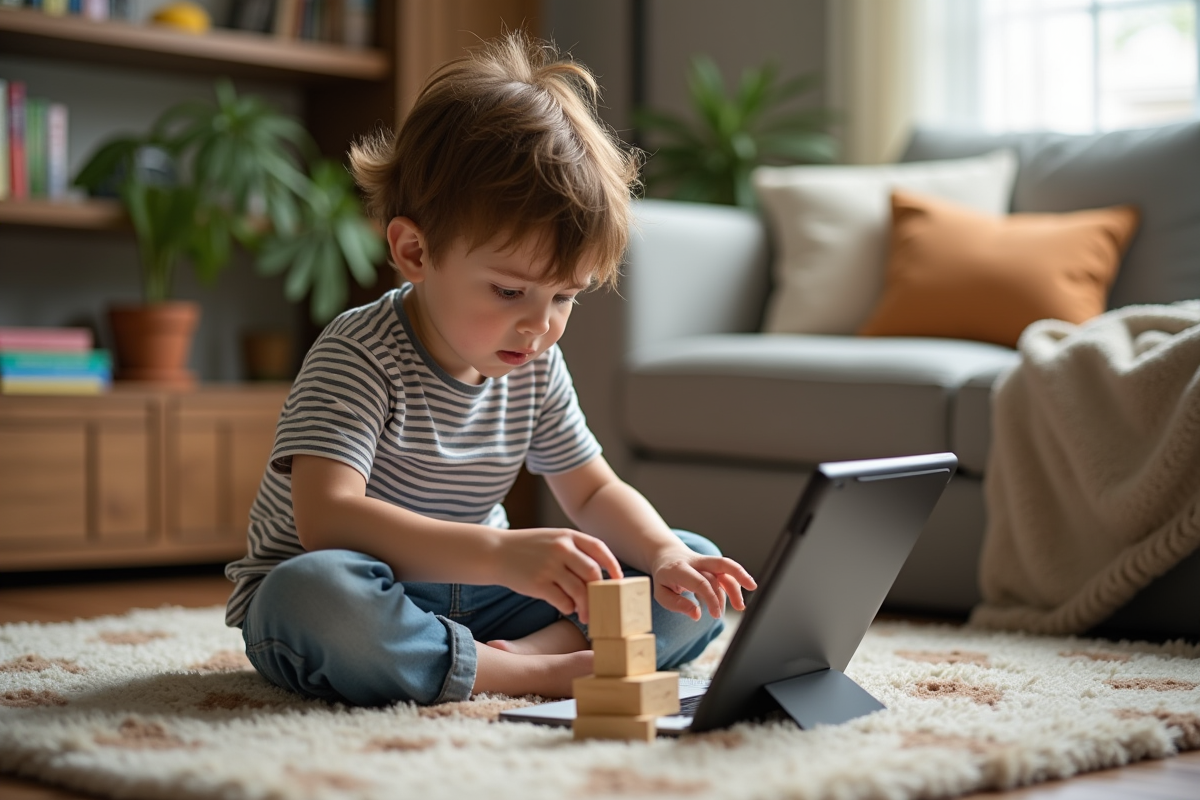 Garçon de 7 ans jouant avec des blocs en bois dans un salon chaleureux