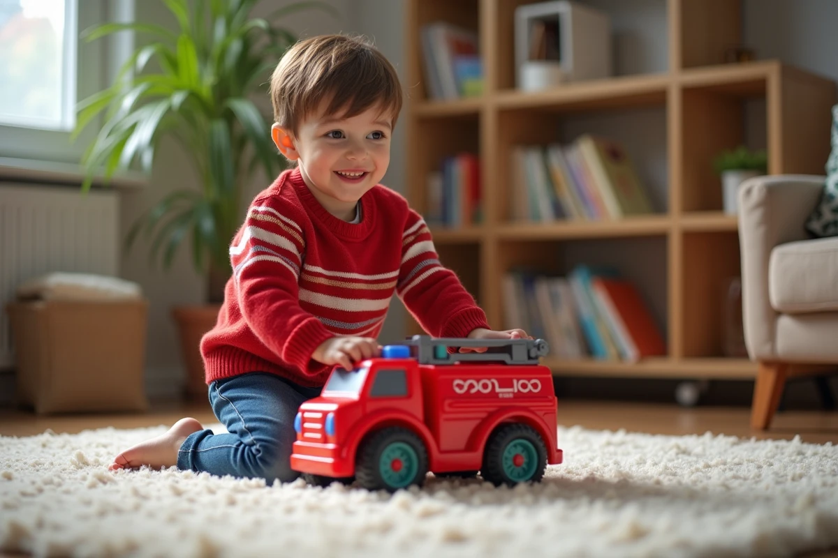 Garçon de 4 ans jouant avec une camionnette de pompier rouge