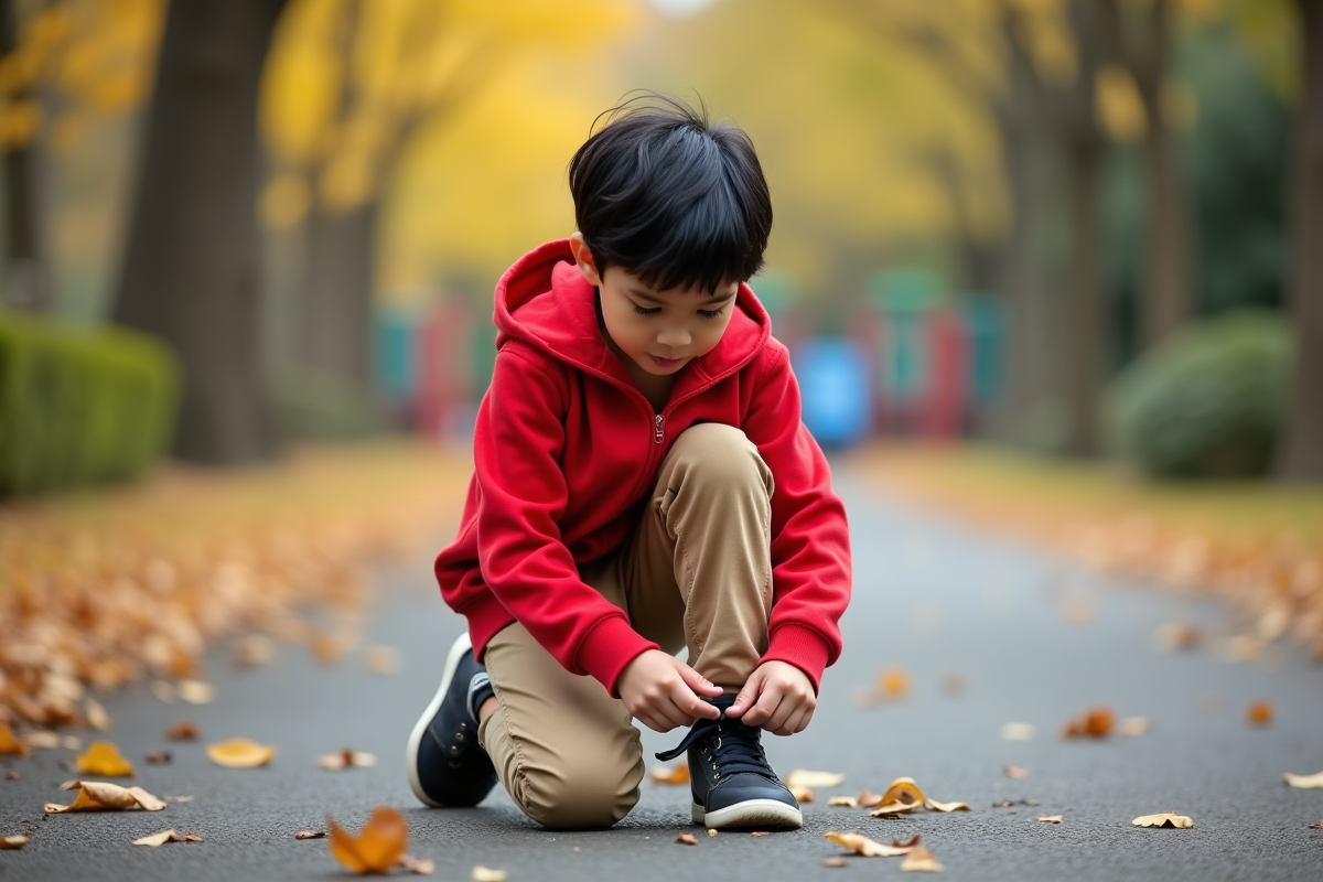 Garçon de 9 ans attache ses lacets dans un parc