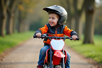 Garçon de 7 ans souriant sur une mini moto tout-terrain en plein air