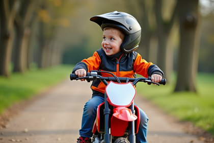 Garçon de 7 ans souriant sur une mini moto tout-terrain en plein air