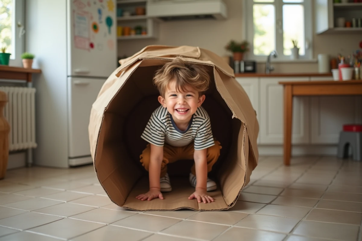 Garçon de trois ans riant dans un tunnel en carton en cuisine