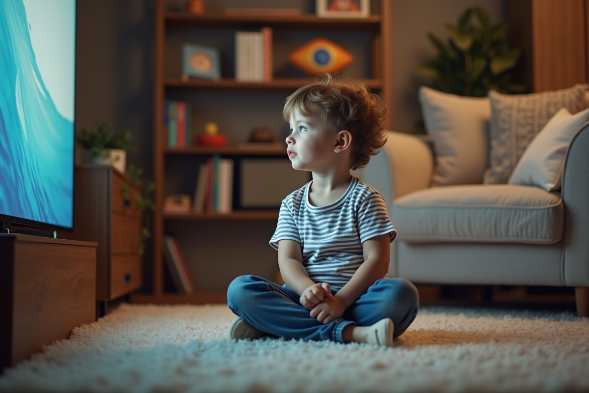 Jeune garçon regardant la télévision dans un salon chaleureux