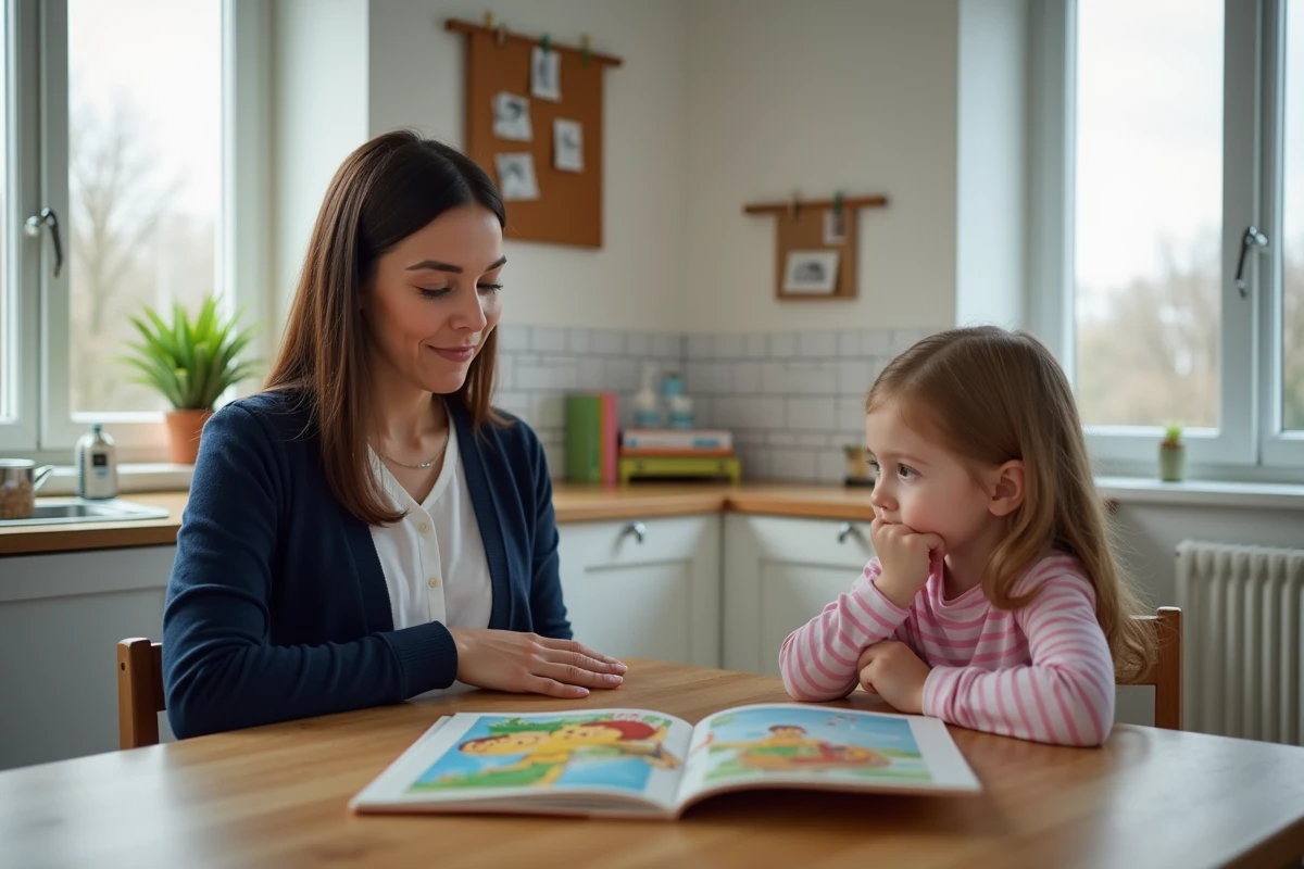 Nounou professionnelle lisant un livre illustré à une petite fille à la table de cuisine
