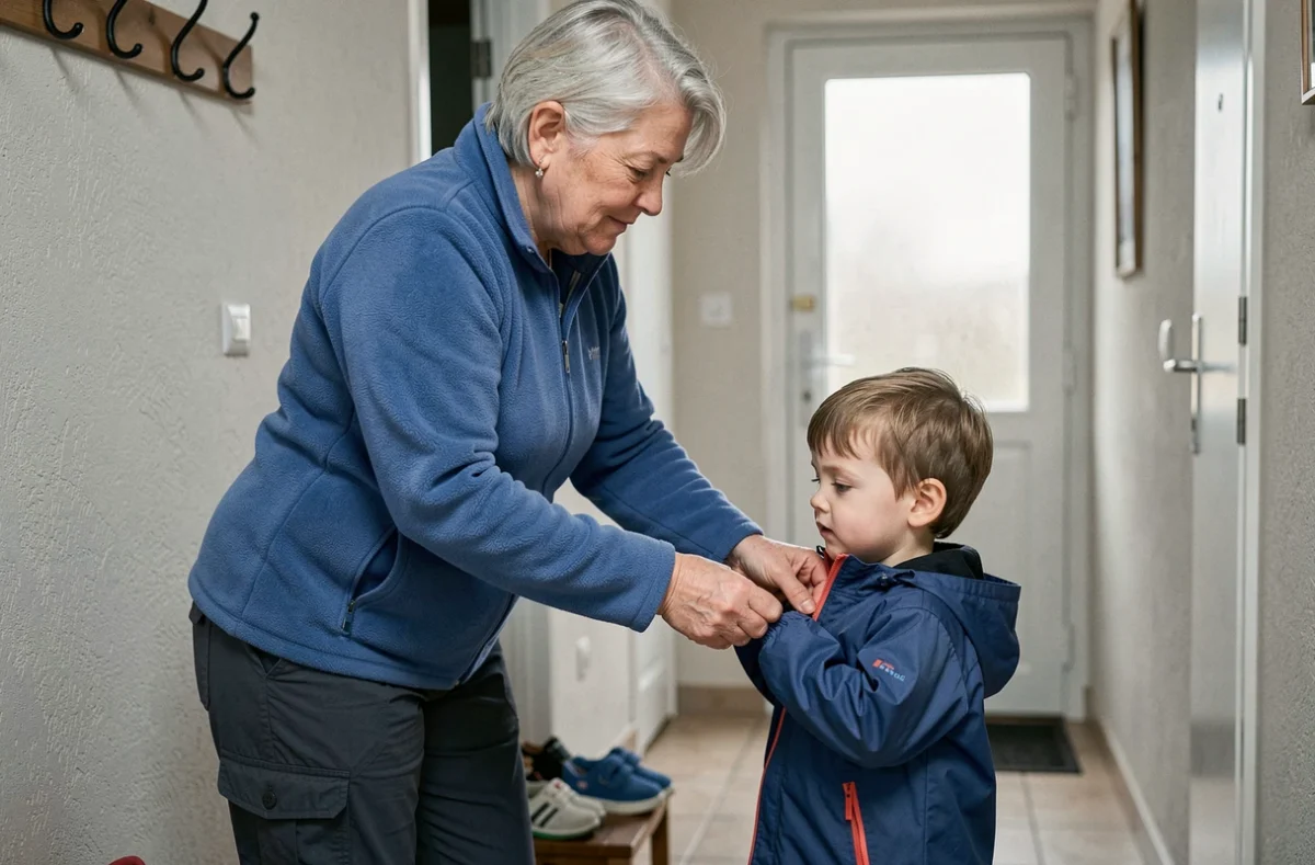 Geneviève Vignon, assistante maternelle à Vénissieux, aidant un enfant à enfiler son manteau dans le couloir avant une sortie