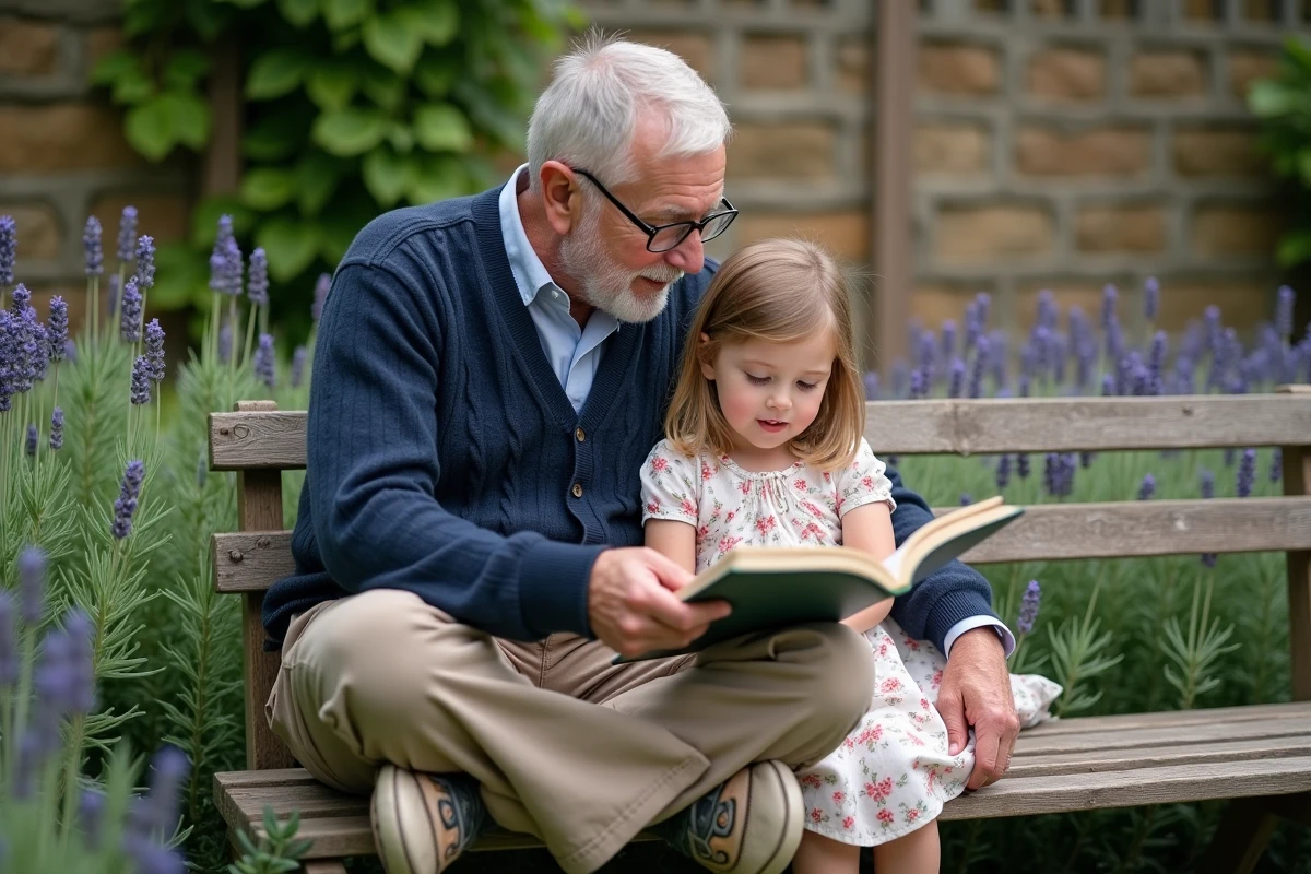 Grand-père et petite-fille lisant ensemble un livre illustré dans un jardin paisible, symbole de transmission douce et bienveillante