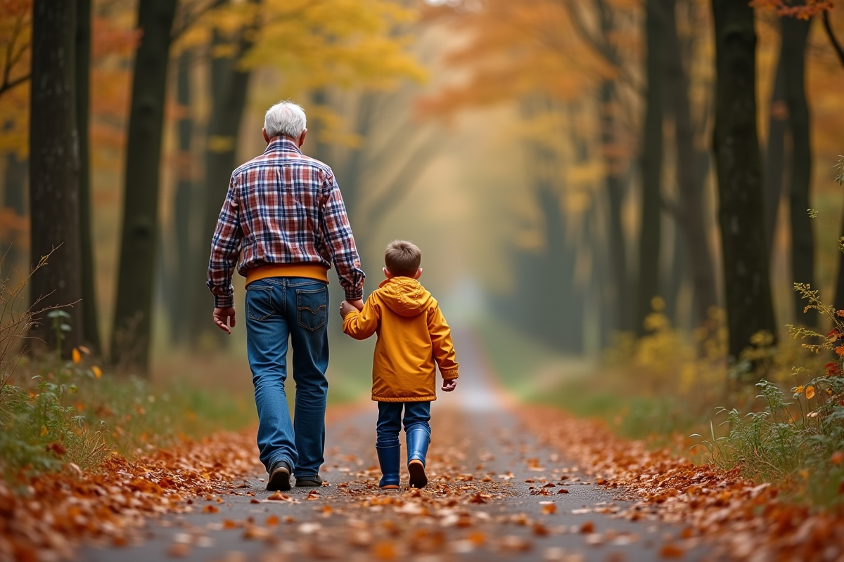 Grand-père et petit garçon marchant en forêt automnale