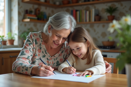 Grand-mère souriante avec petite fille dessinant à la maison