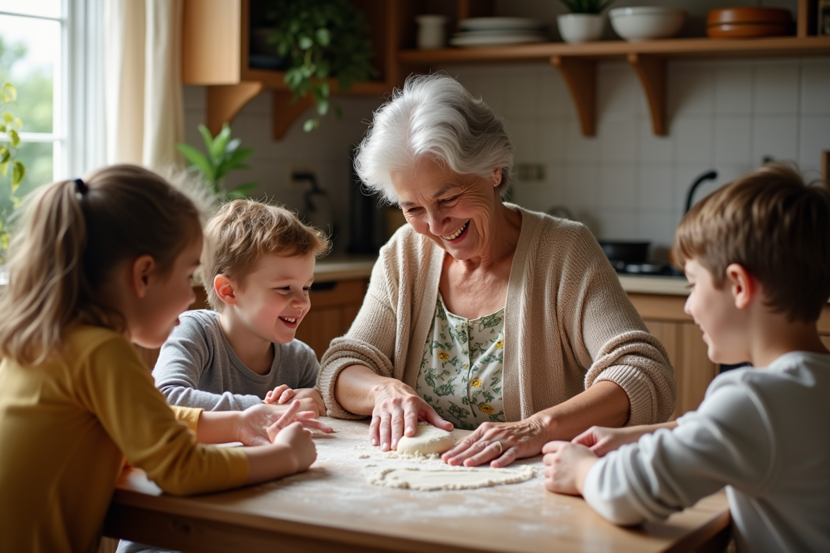 Sage femme âgée montrant à des enfants comment pétrir la pâte