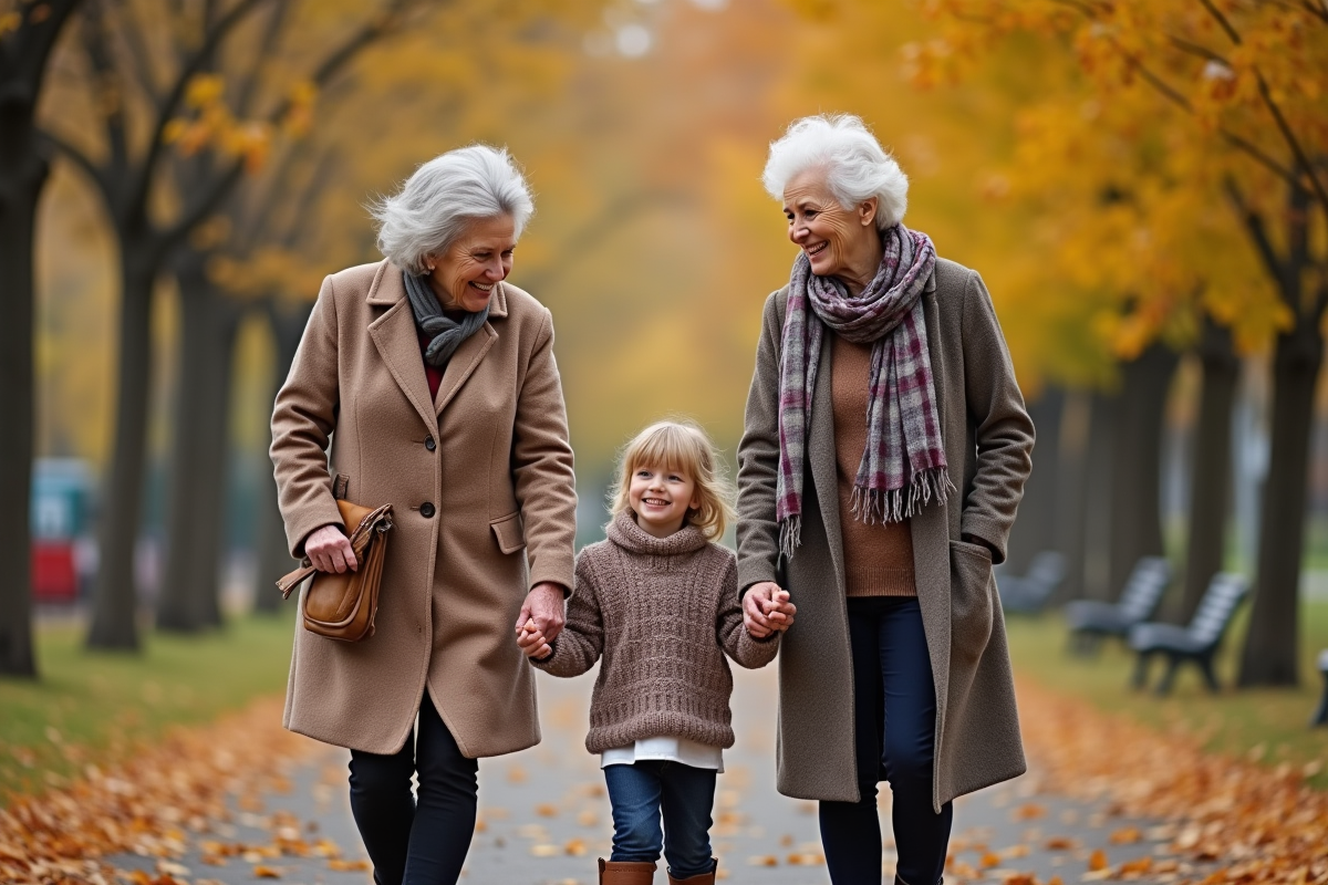 Deux grands-mères main dans la main avec une jeune fille dans un parc d