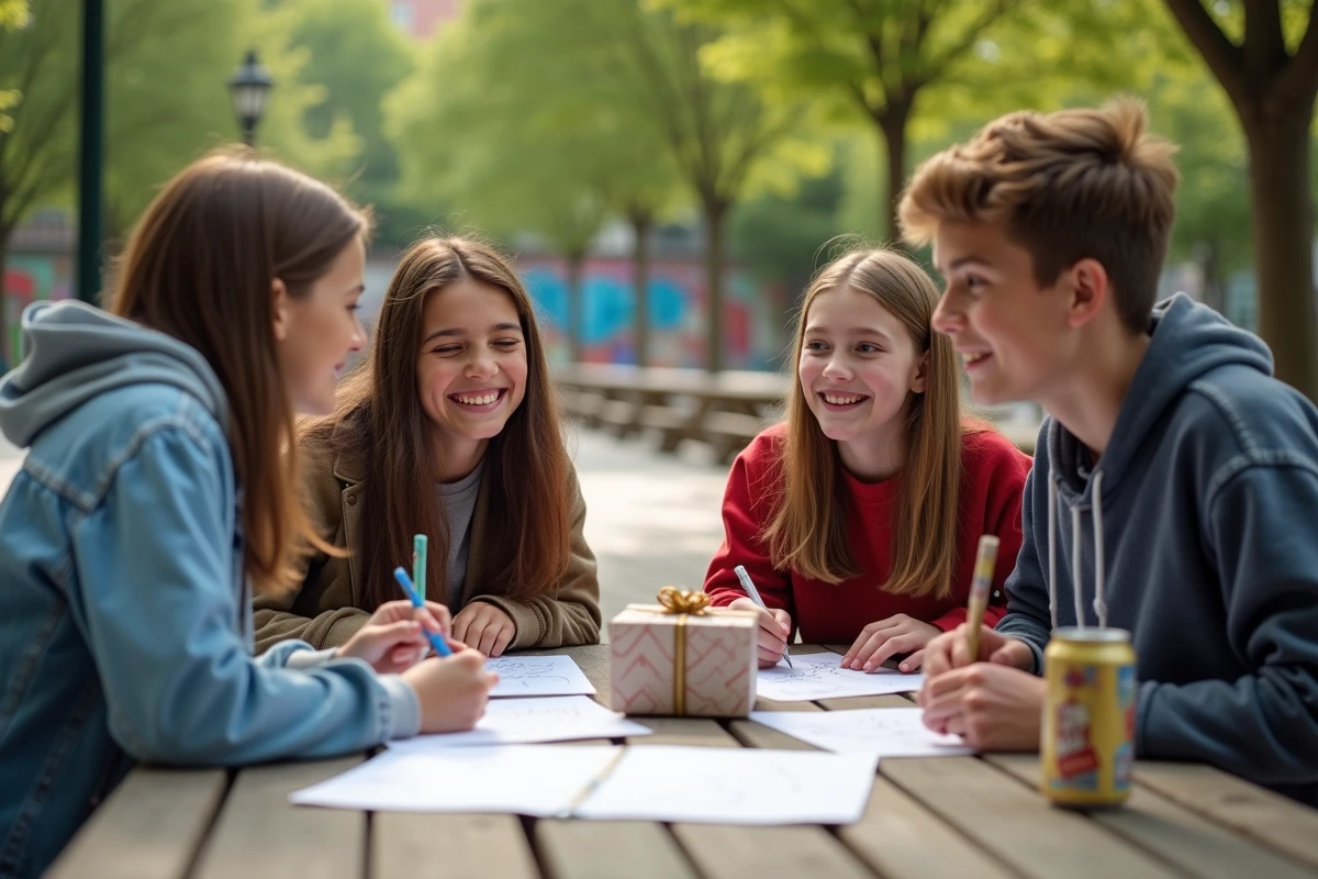 Groupe d'adolescents rédigeant ensemble un mot d'anniversaire autour d'une table de pique-nique dans un parc urbain