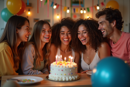 Groupe d'amis jeunes autour d'un gâteau d'anniversaire chaleureux