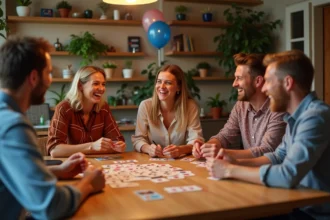 Groupe d'amis jouant à un jeu lors d'une fête d'anniversaire