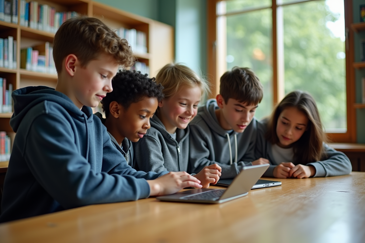 Groupe d élèves diversifiés dans une bibliothèque lumineuse