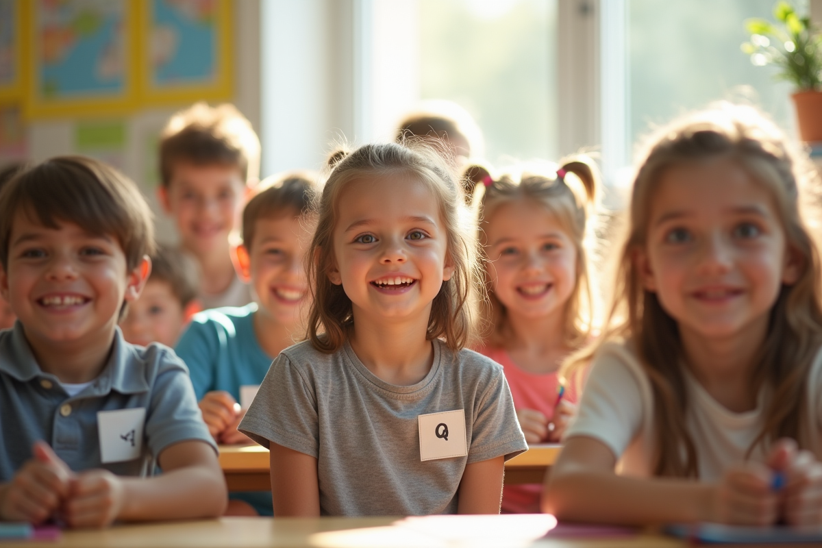 Groupe d'enfants souriants en classe en plein jour