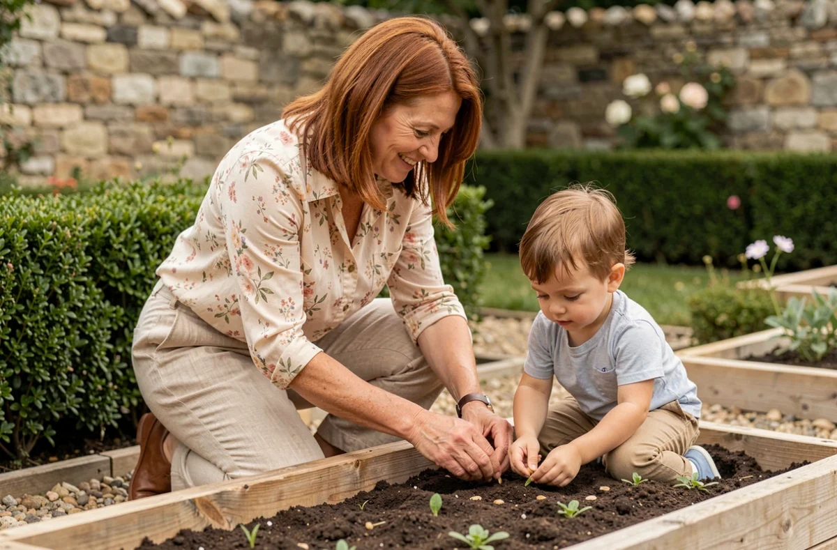 Hélène ou Manou, assistante maternelle à Irigny, avec un enfant dans le jardin lors d'une activité jardinage