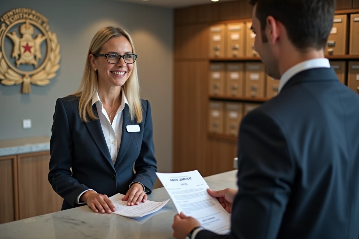 Femme remettant un acte de naissance à un agent administratif