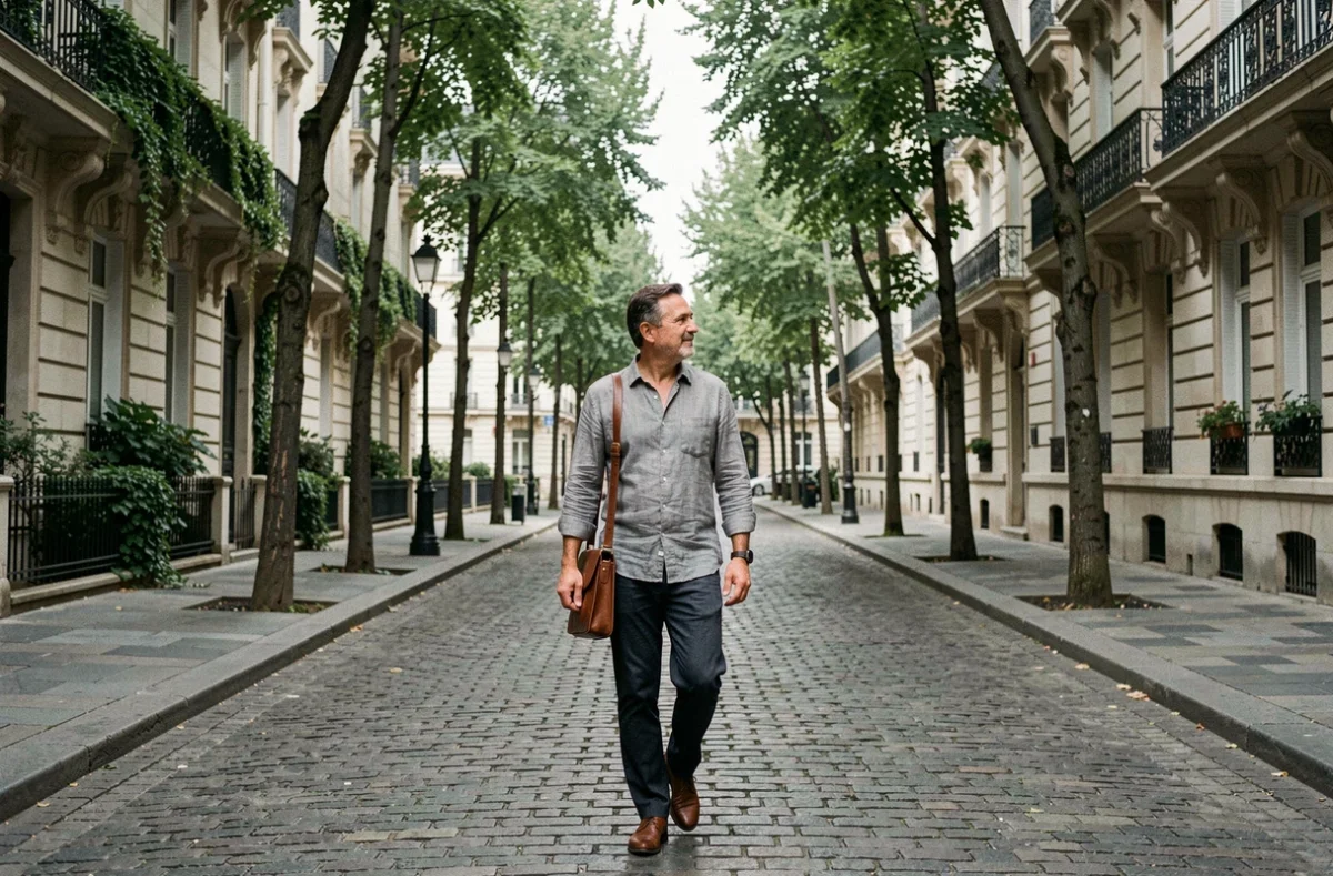 Homme anonyme marchant dans une rue parisienne résidentielle, préservant sa vie privée loin des médias