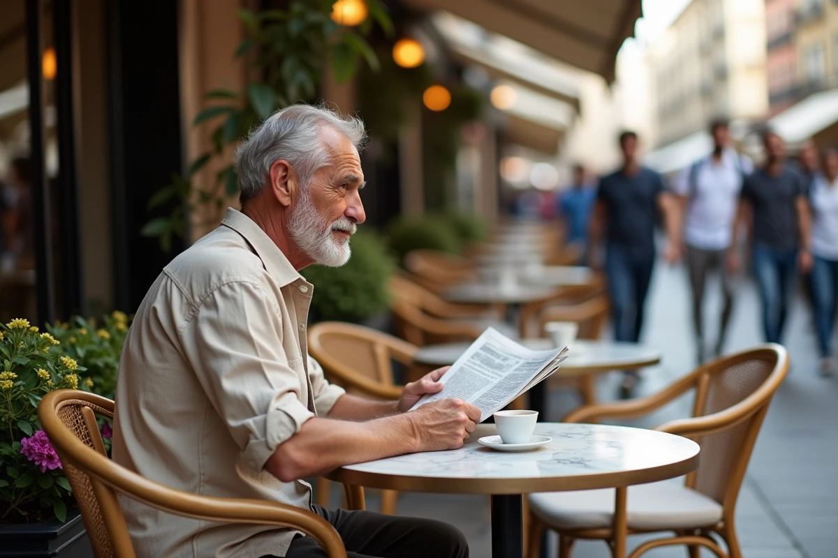 Homme mature lisant un journal seul en terrasse de café parisien, moment de solitude et discrétion