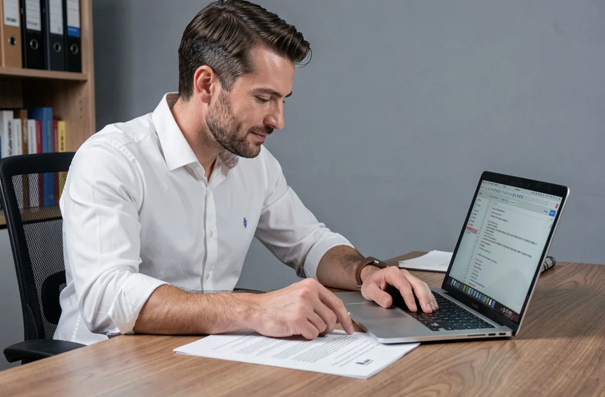 Homme consultant une attestation d'hébergement imprimée à son bureau à domicile avec un ordinateur portable