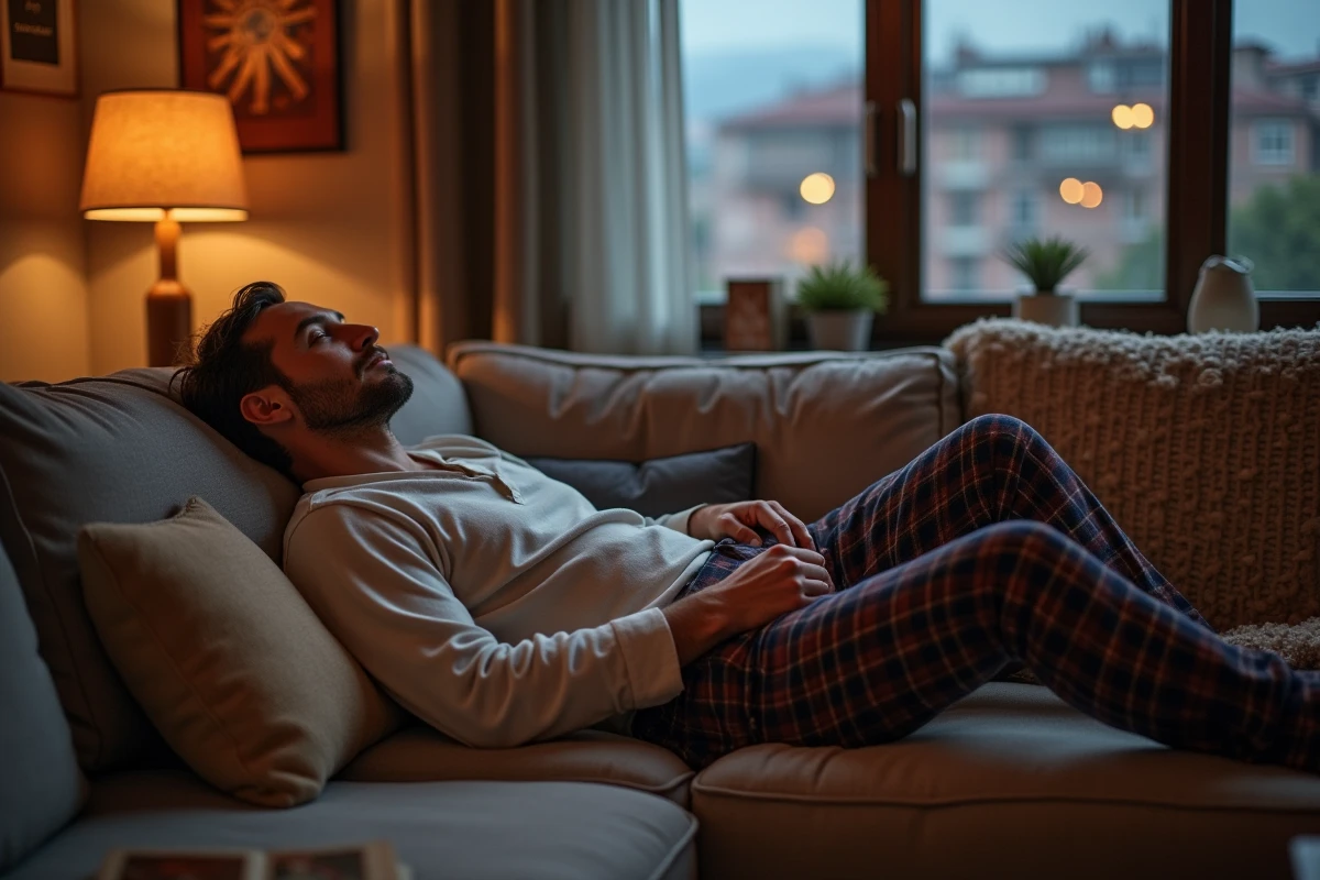 Homme d age moyen dormant sur un canapé avec livre