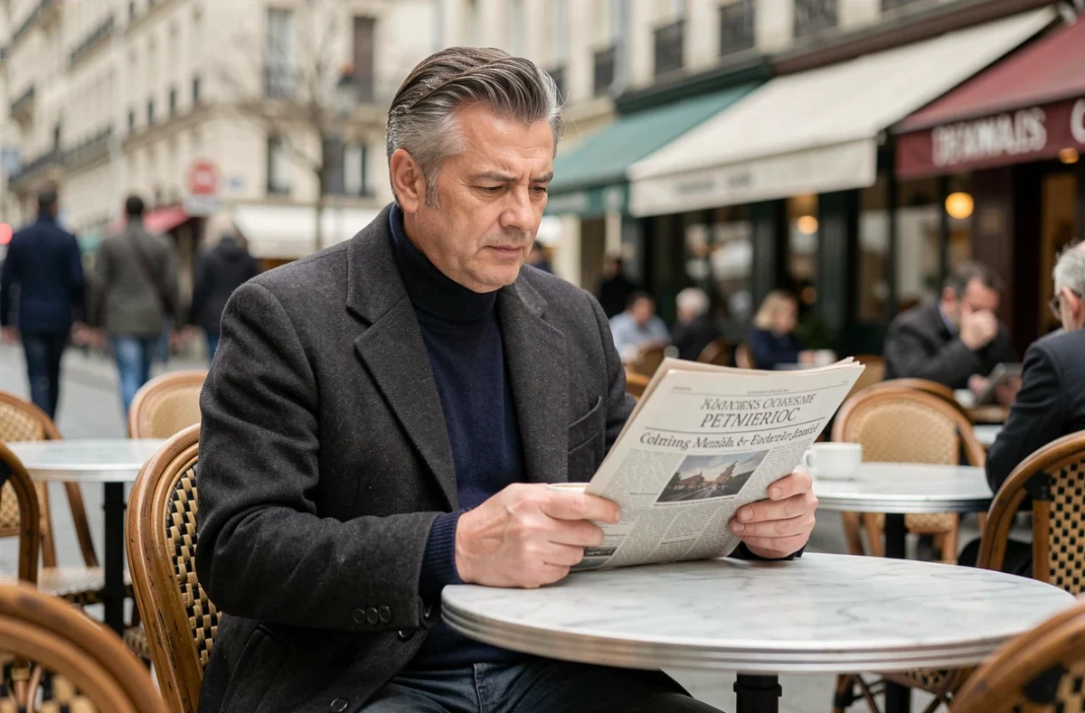 Homme lisant un journal en terrasse de café parisien, discret et éloigné de toute médiatisation