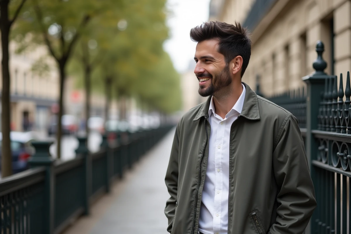 Homme souriant dans une rue parisienne en extérieur