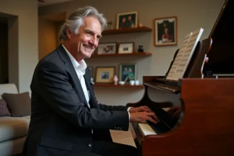 Homme d'âge moyen jouant du piano dans un salon chaleureux