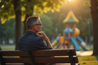 Homme seul sur un banc de parc lors de la journée avec soleil et anneau de mariage