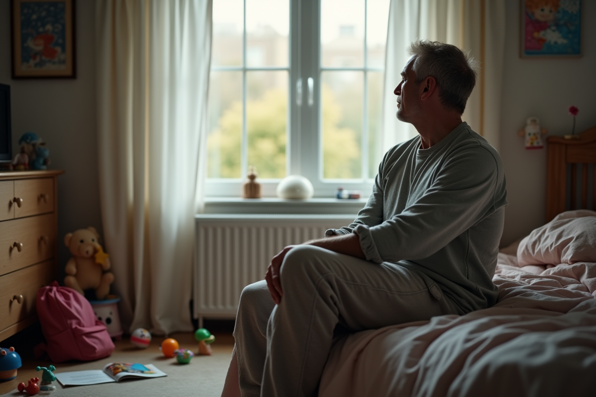Homme regardant par la fenêtre dans une chambre d