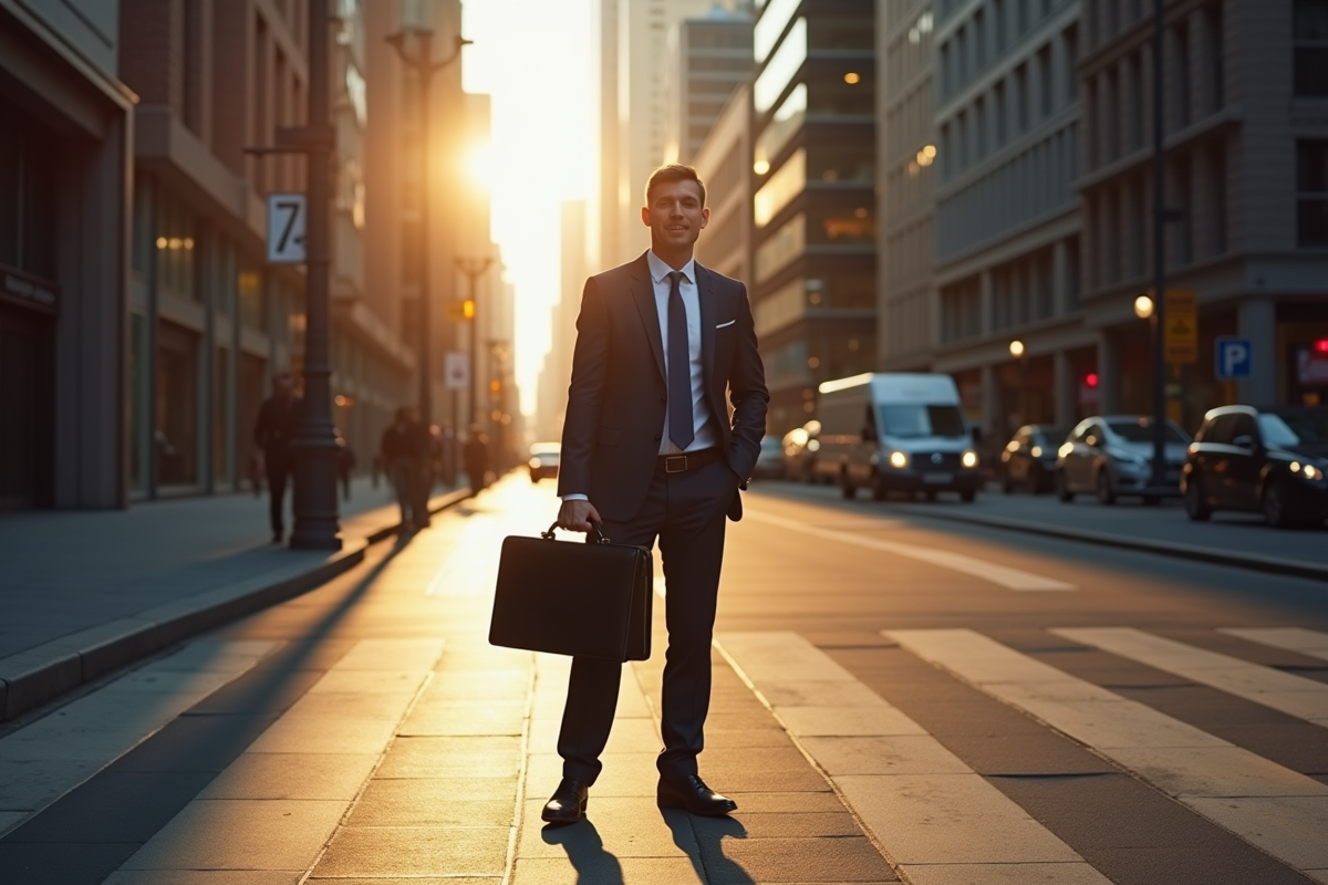 Homme d affaires souriant en ville avec ombre expressive