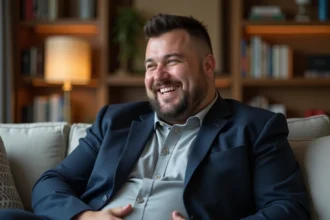 Humoriste français souriant assis dans un appartement parisien lors d'une interview intime sur sa vie personnelle