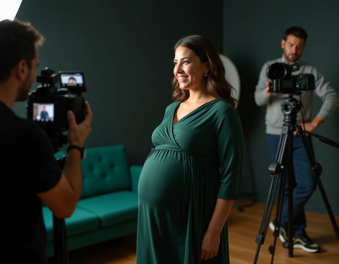 Ilys Films, production vidéo et photo de grossesse à Paris, femme enceinte dans un studio de production professionnel