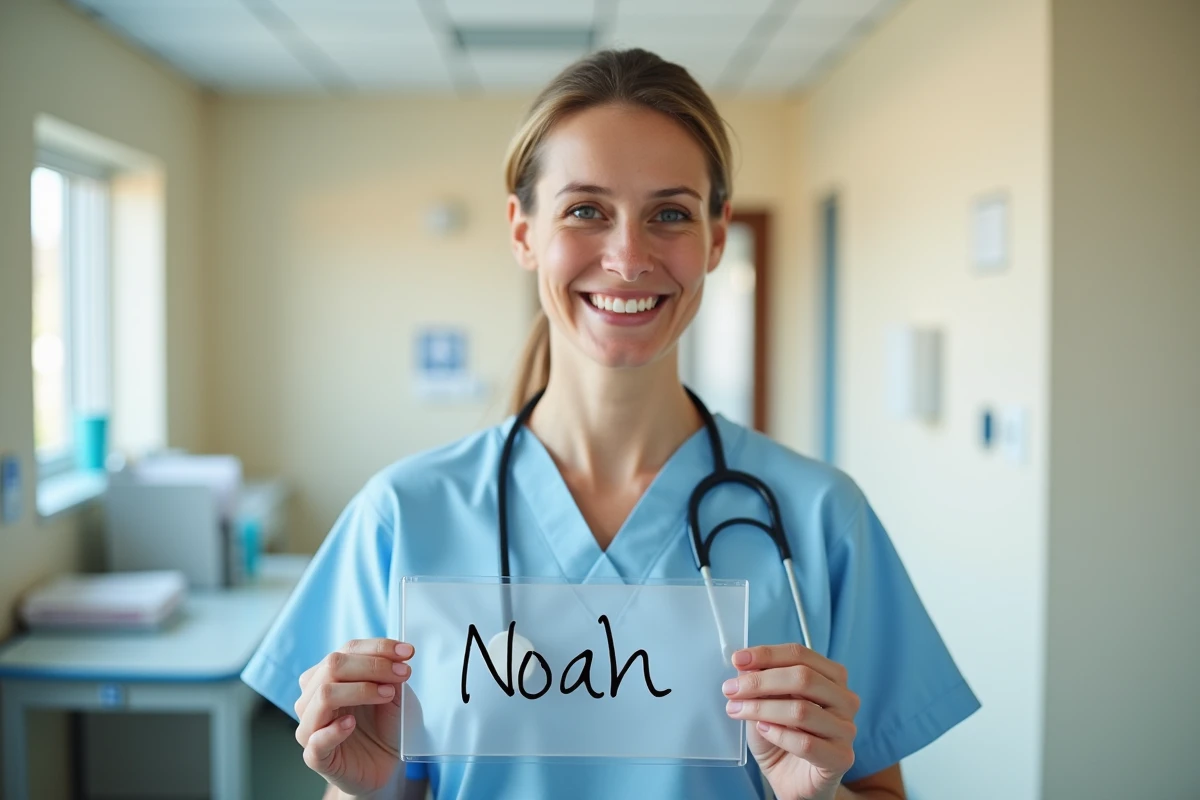 Infirmière de maternité française tenant une étiquette de berceau avec le prénom Noah écrit à la main dans un couloir d'hôpital