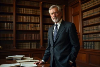 Portrait éditorial d'un homme influent en costume sombre dans une bibliothèque institutionnelle, évoquant pouvoir et vie publique