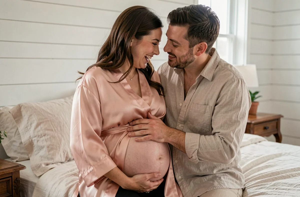 Instant de Vie photographe, séance grossesse lifestyle en couple dans une chambre cosy à Paris