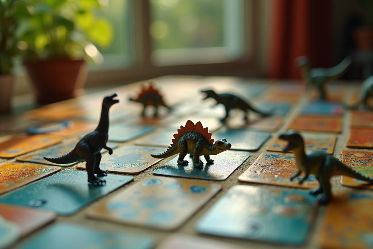 Zoom sur un jeu de dinosaure avec figurines et cartes