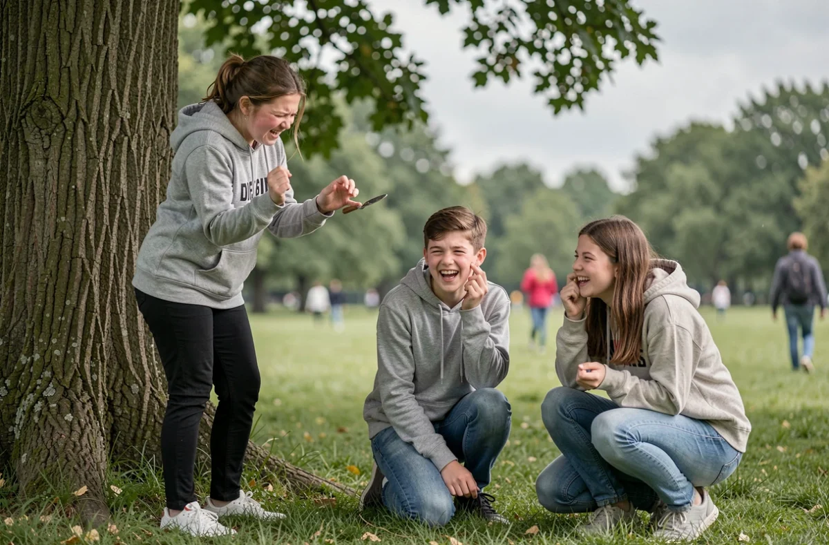 Trois adolescents jouant à un jeu de mime coopératif en plein air dans un parc, une fille mime une scène pendant que ses amis tentent de deviner