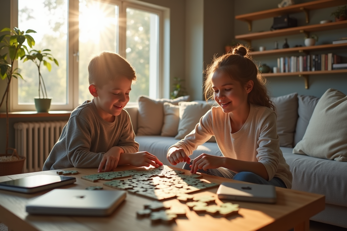 Adolescent aidant un jeune frère à faire un puzzle dans un salon lumineux