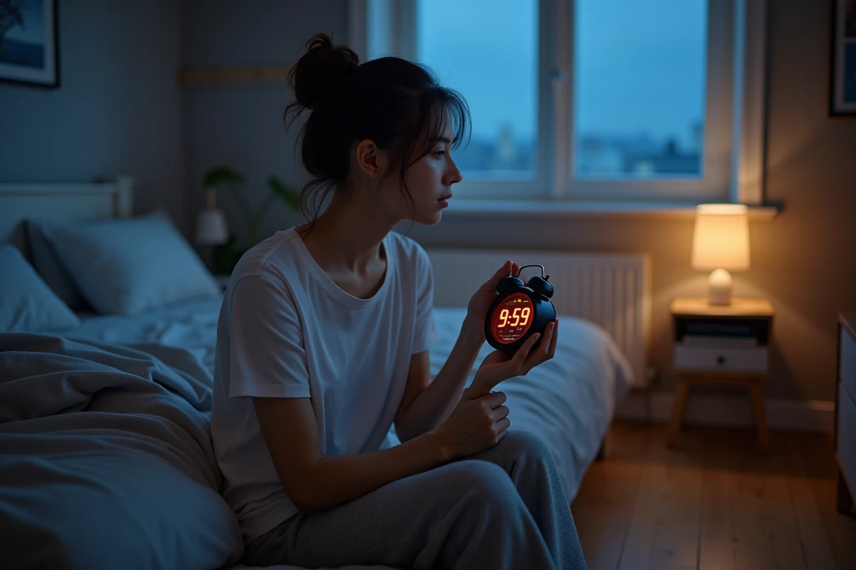 Jeune femme contemplant une horloge digitale au réveil