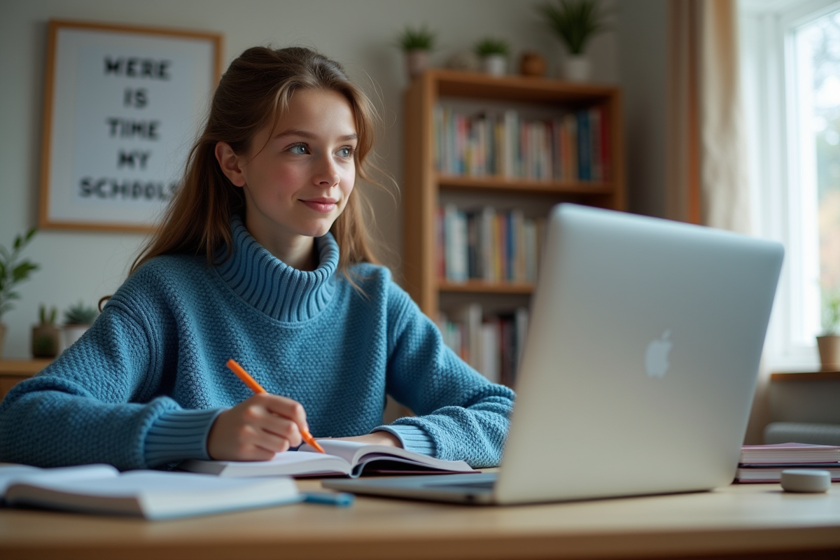Jeune fille en sweater bleu et jeans en étude à la maison