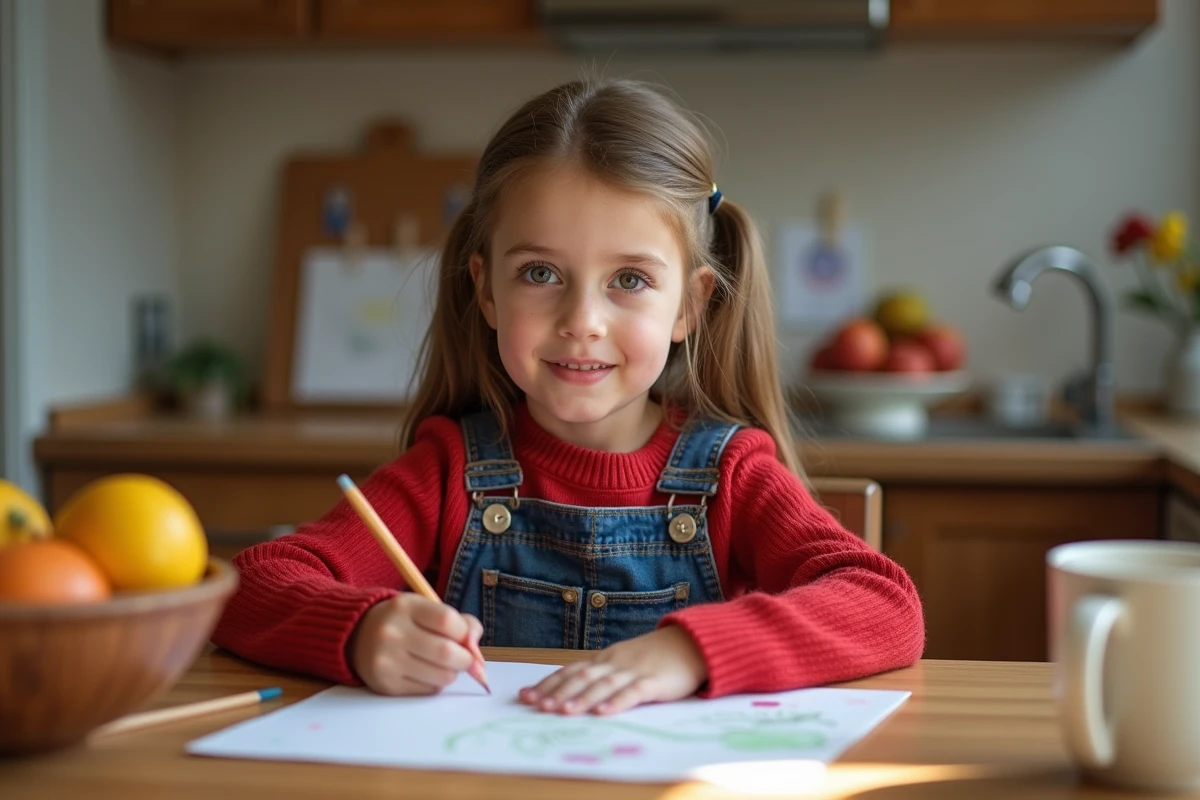 Jeune fille de 7 ans dessinant dans la cuisine chaleureuse