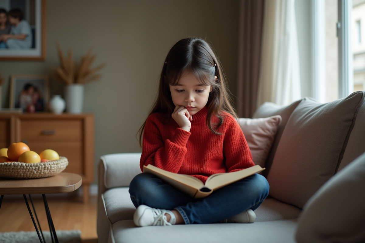 Jeune fille de 10 ans lisant dans un salon moderne