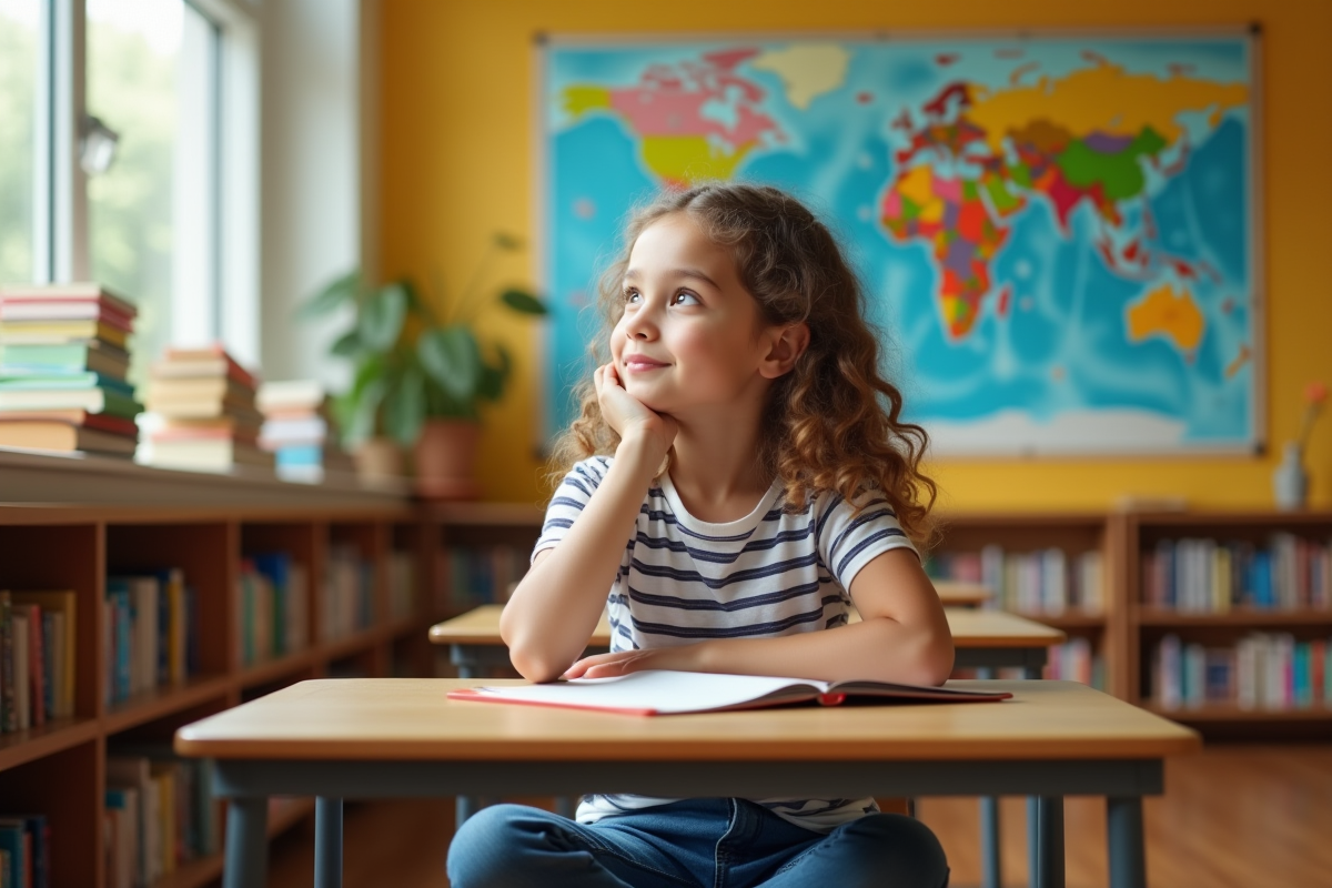 Jeune fille de 10 ans pensant près d'une fenêtre de classe
