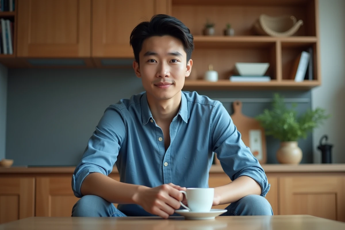 Jeune homme en cuisine avec tasse de cafe reflet naturel