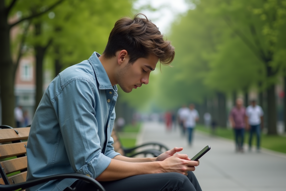 Jeune homme regardant son téléphone dans un parc urbain