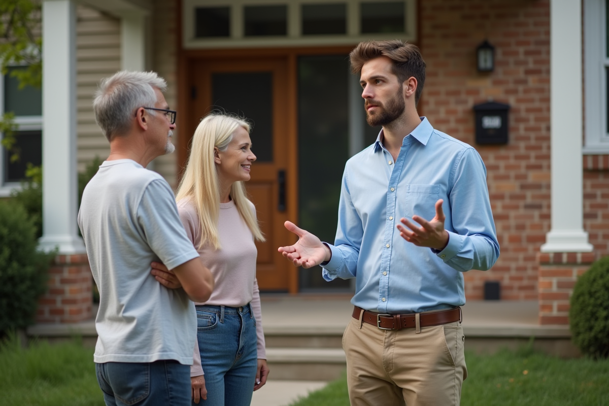 Jeune homme parlant avec ses parents devant une maison