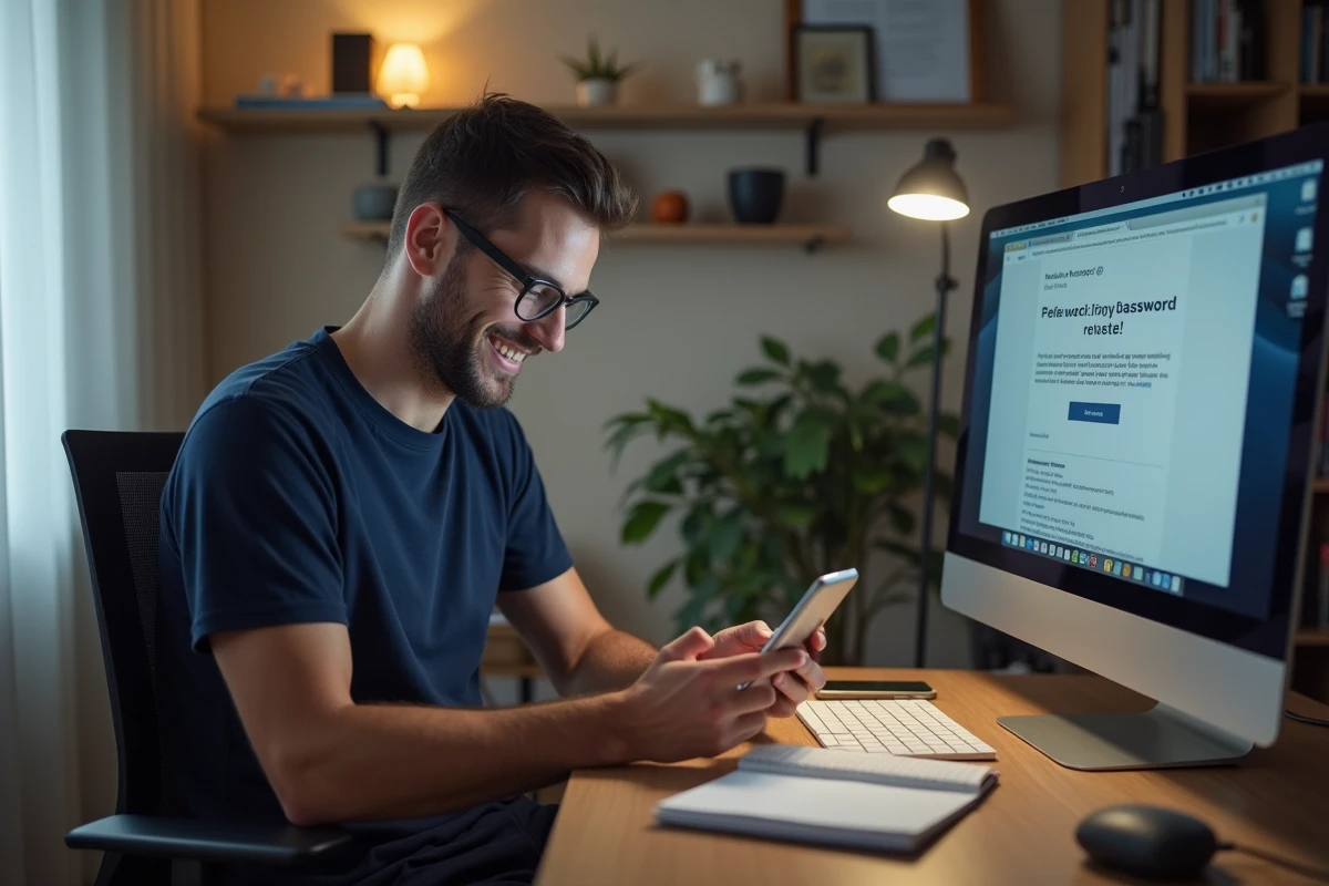 Jeune homme vérifiant son email sur smartphone dans un bureau à domicile